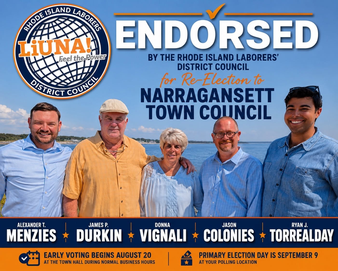 Endorsed by the Rhode Island Laborers' District Council — Menzies, Durkin, Vignali, Colonies, and Torrealday for Re-Election to Narragansett Town Council